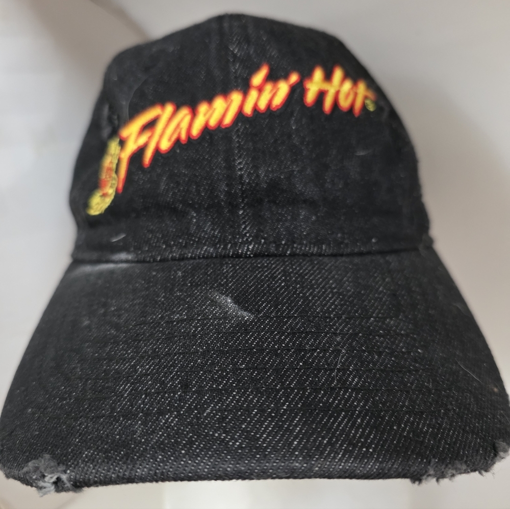 Flaming Hot Cheetos Distressed Denim Hat; Official Licensed, Black Adjustable